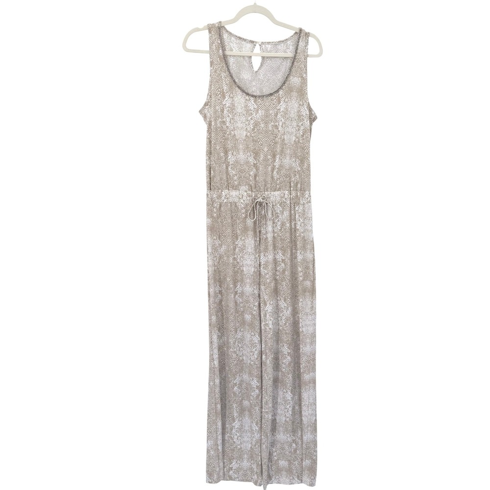 Juicy‎ Couture Tan Snakeskin Print Sleeveless Jumpsuit Small Chain Neck Wide Leg